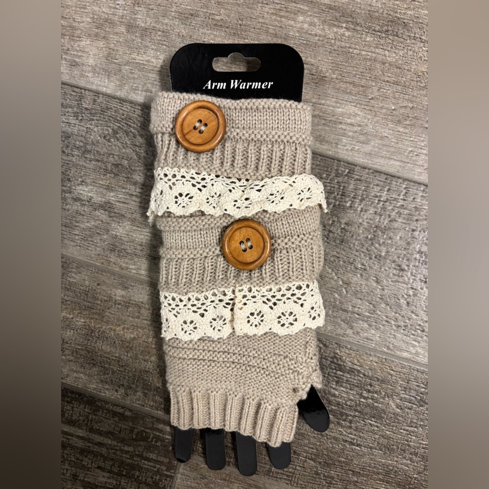 Beige Knit Arm Warmers with Lace and Button Accents